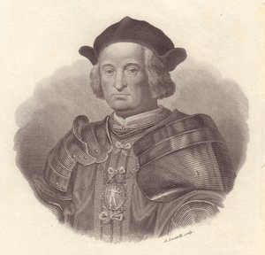 Ritratto del leader militare e politico italiano Gian Giacomo Trivulzio (1440-1518), incisione in rame di Locatelli