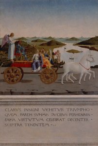 Trionfo di Federico da Montefeltro, Duca di Urbino; Federico e le quattro Virtù Cardinali in un carro trionfale trainato da unicorni bianchi, Vittoria alata che tiene la corona ducale, dipinto dopo il 1474 (pannello) da Piero della Francesca