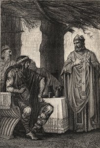San Gregorio di Tours (538-594) che si oppone a Chilperico I (539-584) re dei Franchi della dinastia merovingia - incisione di Pierre Fritel (1853-1942) da Pierre (after) Fritel