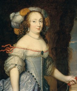 Ritratto di Françoise Anthénaïs de Rochechouart de Mortemart, marchesa di Montespan (1640-1707), mezzo busto, come Diana, con un copricapo piumato e un arco nella mano sinistra da Pierre (circle of) Mignard