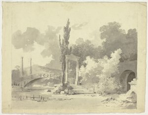 Veduta del parco di Versailles: Ponte ad arco con colonne di avvicinamento