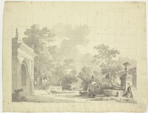 Veduta del parco di Versailles: Entrata ad arco di una terrazza, urne e statue rovinate da Pierre Antoine Mongin