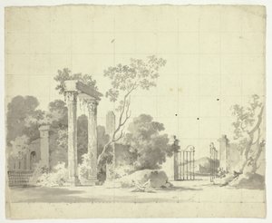 Veduta del parco di Versailles: Colonne in rovina e una porta di ferro aperta