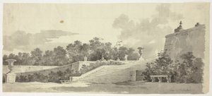Veduta del parco di Versailles: Scalinata, urne e topiari