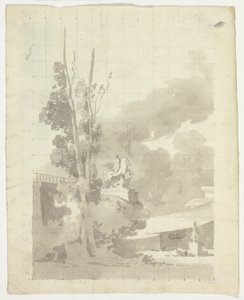 Veduta del parco di Versailles: Terrazza, alberi e statua equestre