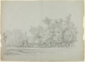Veduta del parco di Versailles: Paesaggio con colonna commemorativa e boschetto di alberi da Pierre Antoine Mongin
