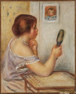 Gabrielle con uno specchio o Marie Dupuis con uno specchio con un ritratto di Coco, primi anni 1900