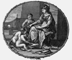 Allegoria femminile della ragione e della creatività circondata da bambini,1695-1697 (incisione) da Pierre Bayle