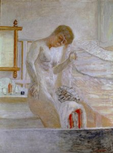 Nudo in piedi alla toilette