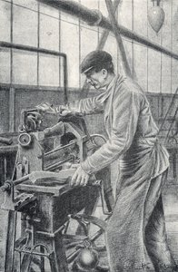Taglio dei calci dei fucili in una fabbrica di armi Incisione di Pierre Calmette Collezione privata da Pierre Calmettes
