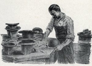 Cappellaio: il fissaggio dei bordi di un cappello a bombetta Incisione tratta da 
