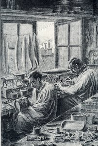 Operai parigini che fabbricano giocattoli, incisione di Pierre Calmette, collezione privata da Pierre Calmettes