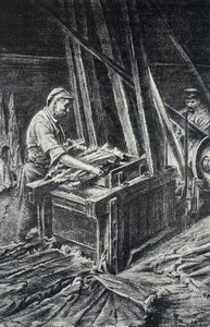 Peausserie, le corroyage: lavorazione della pelle, ammorbidimento delle pelli animali in un fuller. Incisione dalla collezione privata di Pierre Calmette da Pierre Calmettes