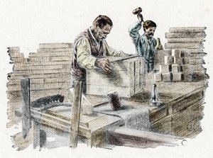 Savonnerie: il taglio delle saponette (produzione di saponette) Incisione da "Excursion a travers les metiers" di Pierre Calmette Collezione privata da Pierre Calmettes