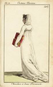 Donna in abito bianco con velo su metà dei capelli, Parigi da Pierre Charles Baquoy