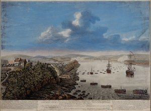 Veduta del luogo di sbarco sopra la città di Quebec che descrive l