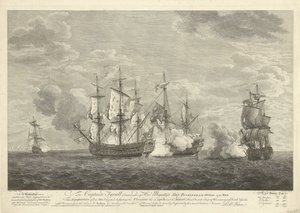 Attacco di una nave inglese a tre navi francesi presso Saint Eustatius, 1758 da Pierre Charles Canot