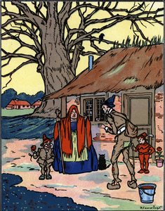 La fuga di Picrochole che incontra una vecchia strega, illustrazione di Pierre Couselles (morto nel 1938) da "Gargantua" di François Rabelais