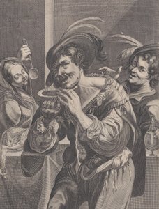 Uomo che beve zuppa mentre due persone lo guardano