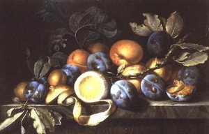 Natura morta con prugne e un limone sbucciato (uno di una coppia)
