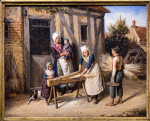 La famiglia del contadino (Contadini intenti a preparare la canapa davanti alla porta di un casolare) da Pierre Duval Le Camus