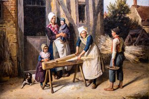 La famiglia del contadino (Contadini intenti a preparare la canapa davanti alla porta di un casolare) da Pierre Duval Le Camus