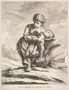 Bambino con un cane, che tiene un cesto di uva, da Premier Livre de Figures da Pierre Etienne Falconet