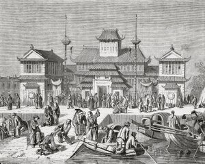 Cina, Shanghai, Shanghai Customs House, incisione da Pierre Eugene Grandsire