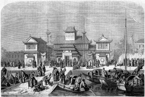 Veduta delle dogane nel porto di Shanghai nel 1860, Cina. Incisione di Grandsire, in "Le Tour du Monde, Nouveau journal des Voyages", a cura di Edouard Charton, Parigi da Pierre Eugene Grandsire