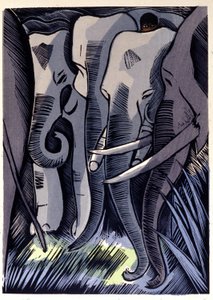 Mogli si nasconde sul dorso degli elefanti. Rudyard Kipling "Il libro della giungla" da Pierre Falke