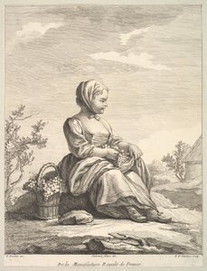 Bambina che tiene uva con un cesto di uva accanto a lei, dal Deuxième Livre de..., dopo il 1757 da Pierre François Tardieu