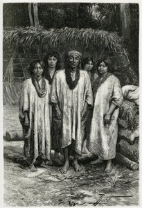 Capo Lacandon e tipi Lacandon, popolo Maya che vive nelle giungle del Chiapas (Messico). Incisione di P. Fritel, per illustrare la storia 