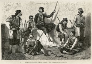 I Krivosciani, montanari delle Bocche di Cattaro (o Kotor, baia sulla costa occidentale del Montenegro), armati per resistere alla forza di invasione delle truppe austriache. Incisione dal disegno di P. Fritel da Pierre Fritel