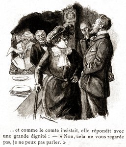 "Boule de Suif": Elisabeth Rousset si rifiuta di rispondere al conte, inizio del XX secolo (illustrazione) da Pierre Georges Jeanniot