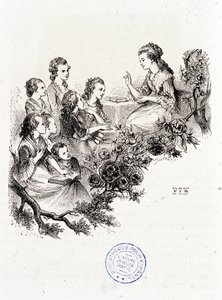 Giovane governante che racconta una storia a un gruppo di bambini - in "Le magasin des enfants" di Mme Leprince de Beaumont, ill. Staal, Garnier da Pierre Gustave Eugene Staal