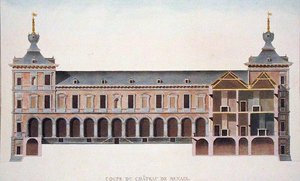 Sezione trasversale del castello di Ronse, Belgio, da Choix des Monuments, Edifices et Maisons les plus remarquables du Royaume des Pays-Bas di Pierre Jacques Goetghebuer, pubblicato 1827