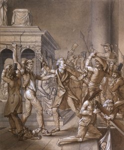 Alexandre Lenoir si oppone ai rivoluzionari quando vogliono distruggere la tomba del re francese Luigi XII alla basilica reale di Saint Denis nel 1793, al tempo della rivoluzione francese da Pierre Joseph Lafontaine