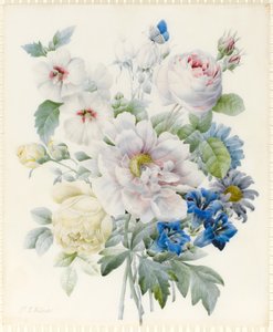 Un mazzo di fiori tra cui una peonia, rose, ibisco, astri, genziana e una farfalla blu immaginaria