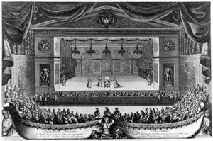Terzo giorno: Il malato immaginario (di Molière), commedia rappresentata nel Giardino di Versailles davanti alla Grotta nel 1676, incisione di Pierre Lepautre (1660-1744)