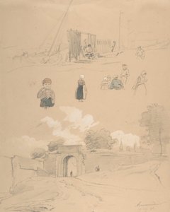 Foglio di studio con figure e paesaggi ad Arnemuiden vicino a Middelburg da Pierre Louis Dubourcq