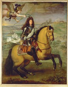 Luigi XIV a cavallo, coronato dalla vittoria... (dipinto su tela) da Pierre Mignard