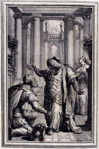 Il piccolo cane che scuote denaro e pietre - in "Racconti e novelle in versi" di Jean La Fontaine. 1776. Illustrazione di P.P. Choffard. da Pierre Philippe Choffard