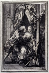 Les quiproquos - in "Contes et nouvelles en vers" di Jean La Fontaine. 1776. Illustrazione di P.P. Choffard. da Pierre Philippe Choffard