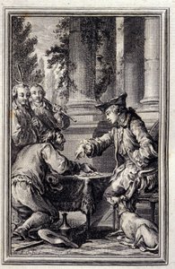Racconto di un contadino che aveva offeso il suo signore - in "Contes et nouvelles en vers" di Jean La Fontaine. 1776. Illustrazione di P.P. Choffard. da Pierre Philippe Choffard