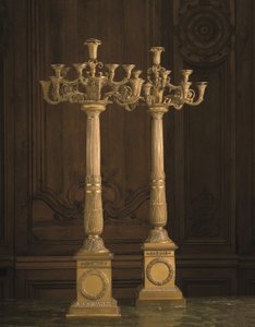 Coppia di candelabri impero a dodici bracci in ormolu, inizio XIX secolo (bronzo dorato)