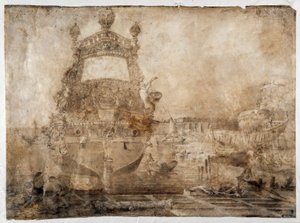 Armamento di una nave vicino a un cantiere navale (sanguigna) da Pierre Puget