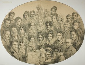 Ritratti di 31 persone in un ovale da Pierre Roch Vigneron