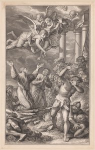 Cosma e Damiano sul rogo, circondati da soldati e angeli