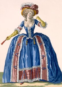 Abito a cerchio in stile inglese in blu elettrico con bordi arricciati bordeaux, inciso da Bacquoy, tavola n.182 da 