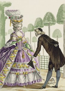 Signora in abito lilla passeggia nei giardini del Palais Royal, tavola 13 da 